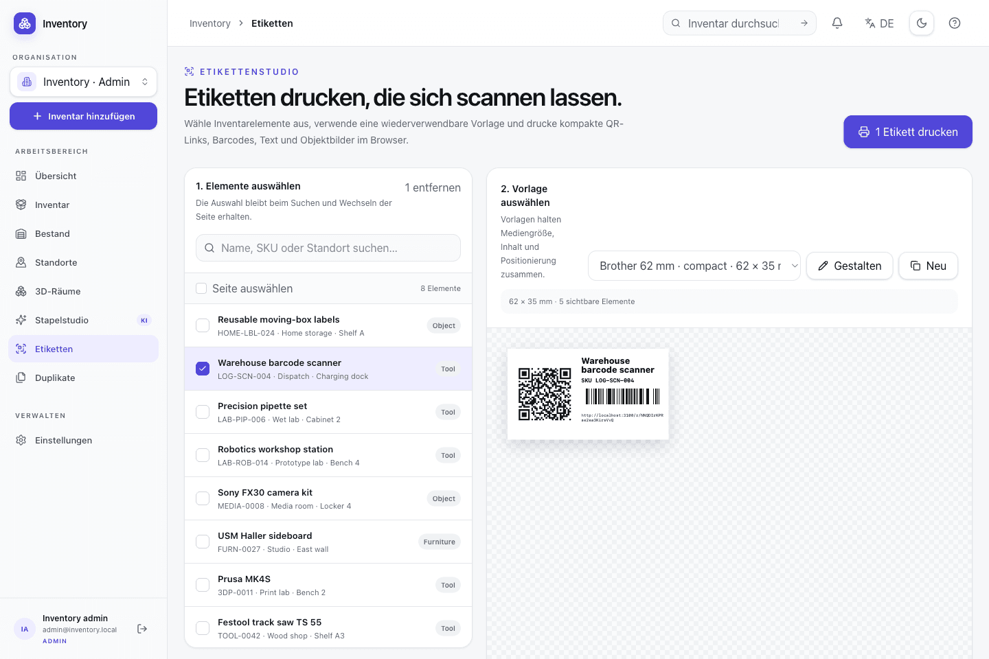 Open Inventory label designer with QR and barcode preview