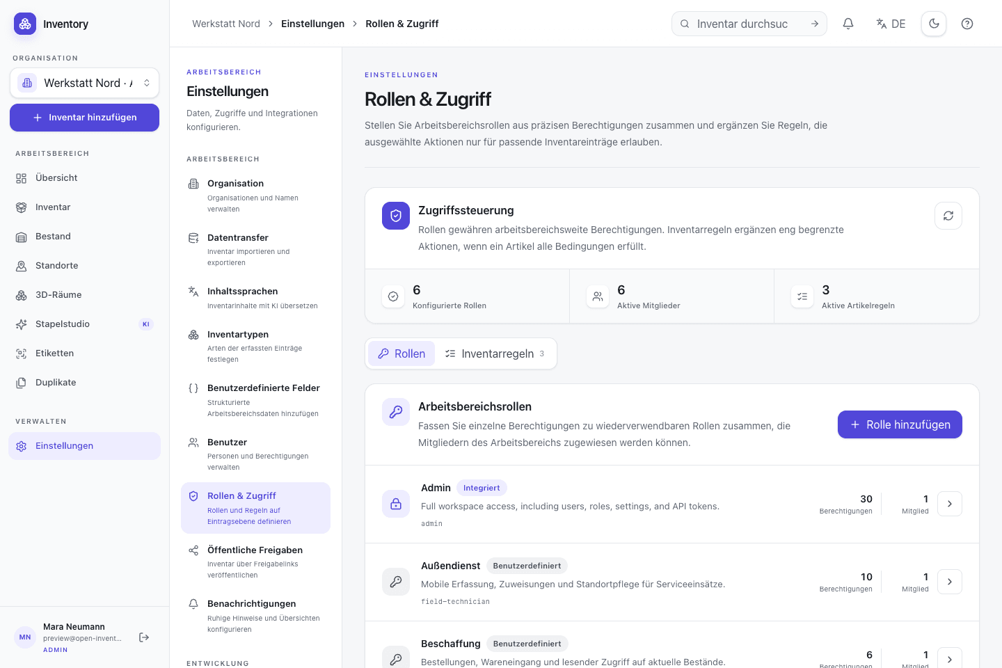 Actual Open Inventory access settings with roles and members in a demo organization