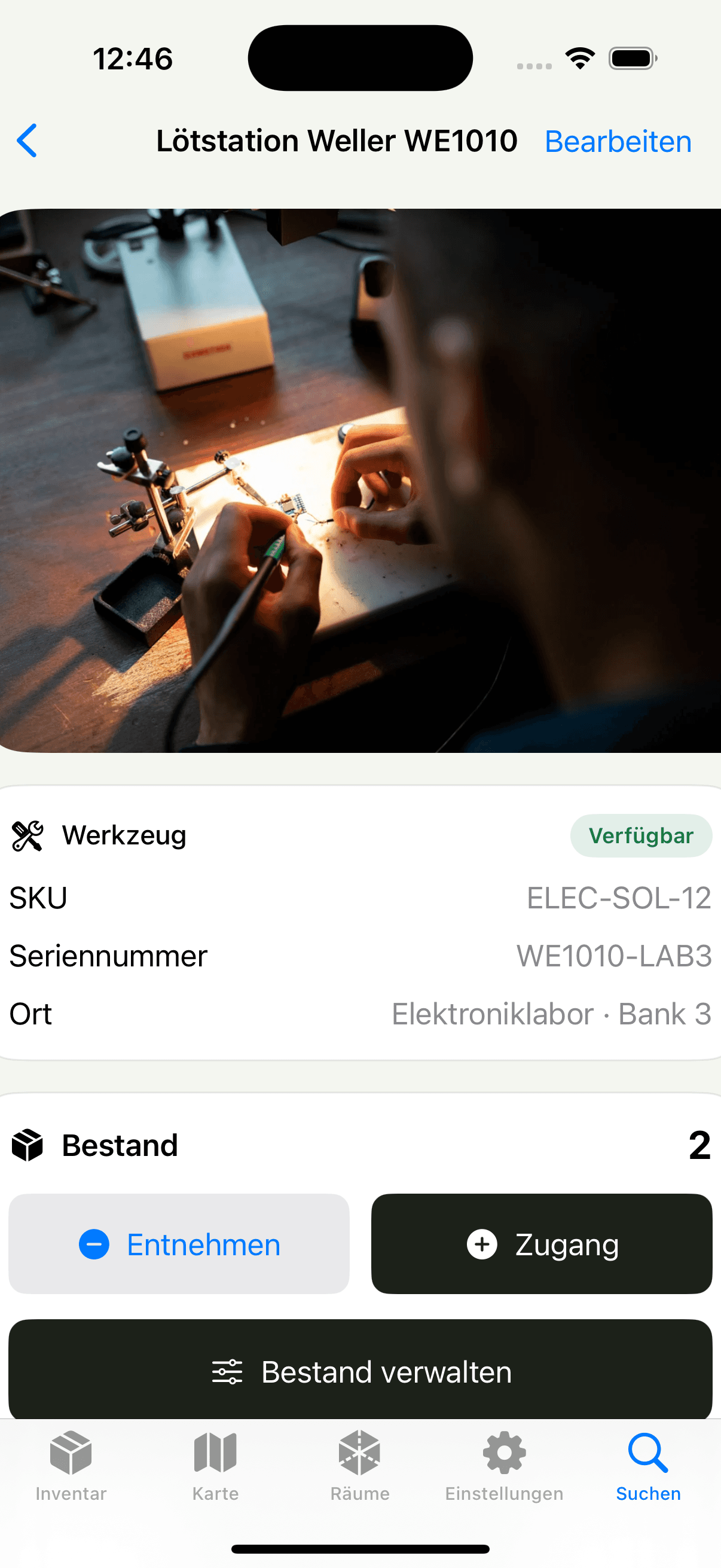 iPhone detail view of a soldering station with its photo, electronics lab location and two units in stock