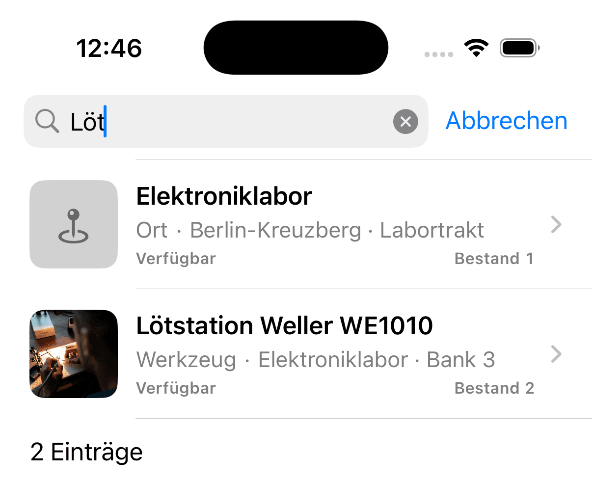 Actual iPhone app searching for a soldering station, showing availability and its location at electronics lab bench 3